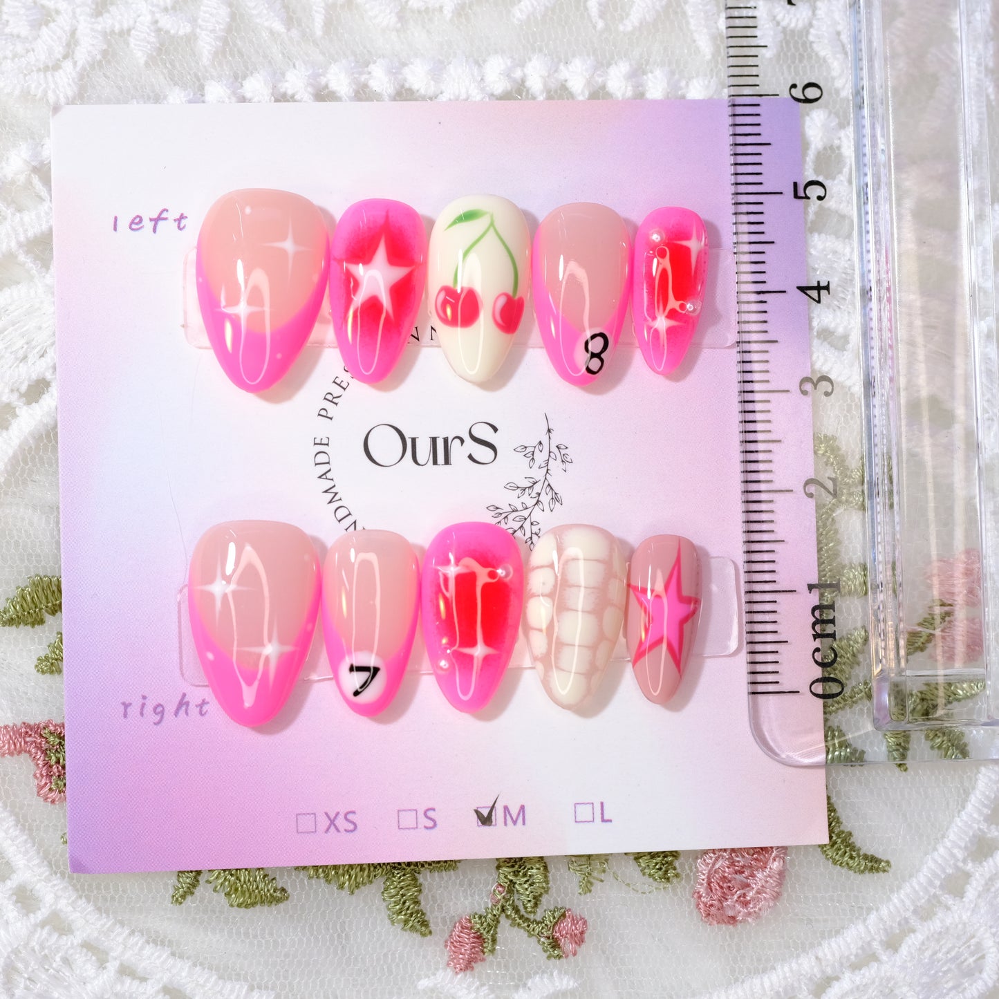 OurS Handmade Gel Nails, Reusable , Pink 🍒 Cherry Nails, Short Almond Press on Nails gift for girls