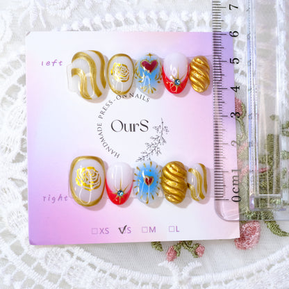 OurS Handmade Gel Nails, Short oval ,Gold, Red, Press on Nails Gift for girls