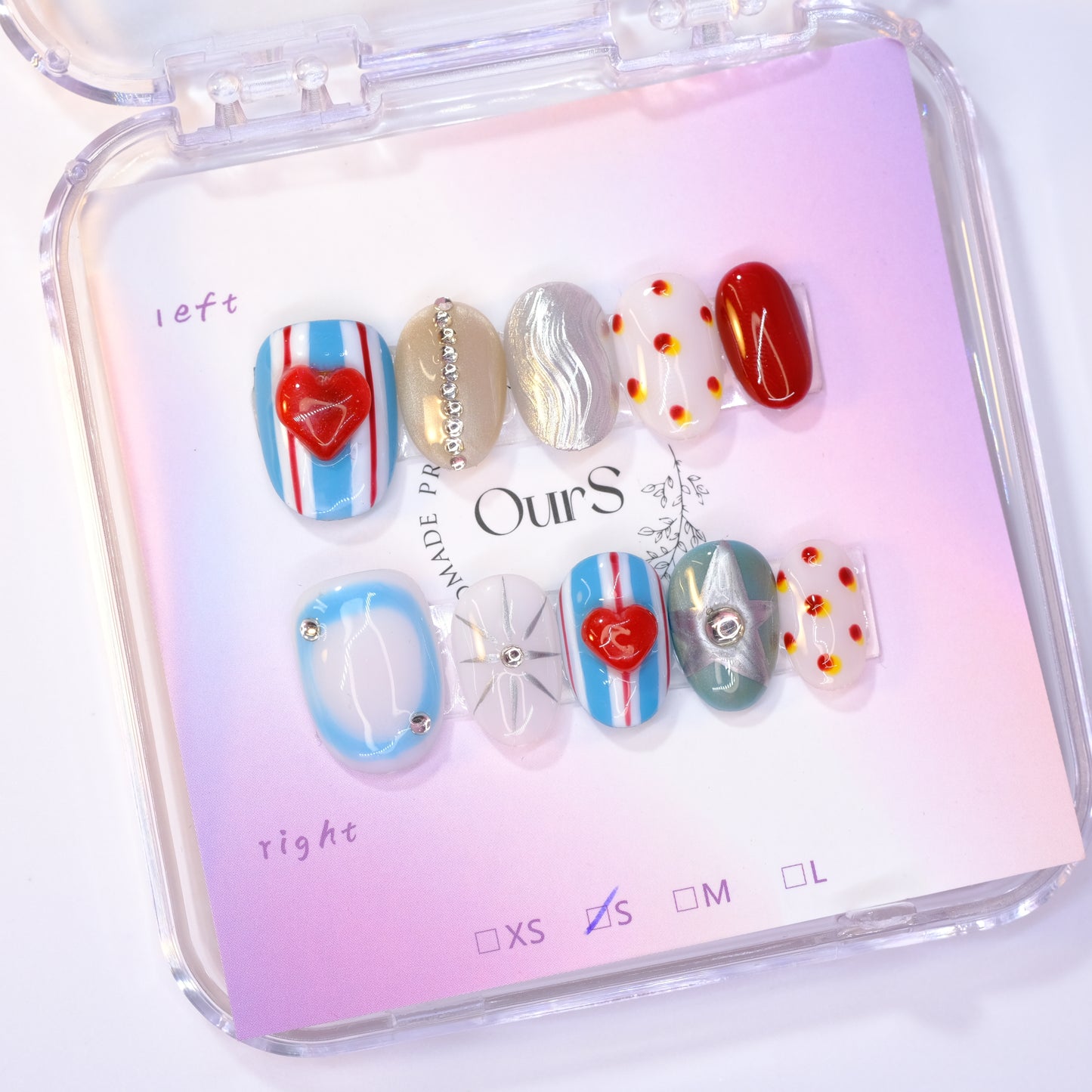 OurS Handmade Gel Nails, Reusable , Short Oval, Cute Thailand Style red hearts , Blue Press On Nails for girls