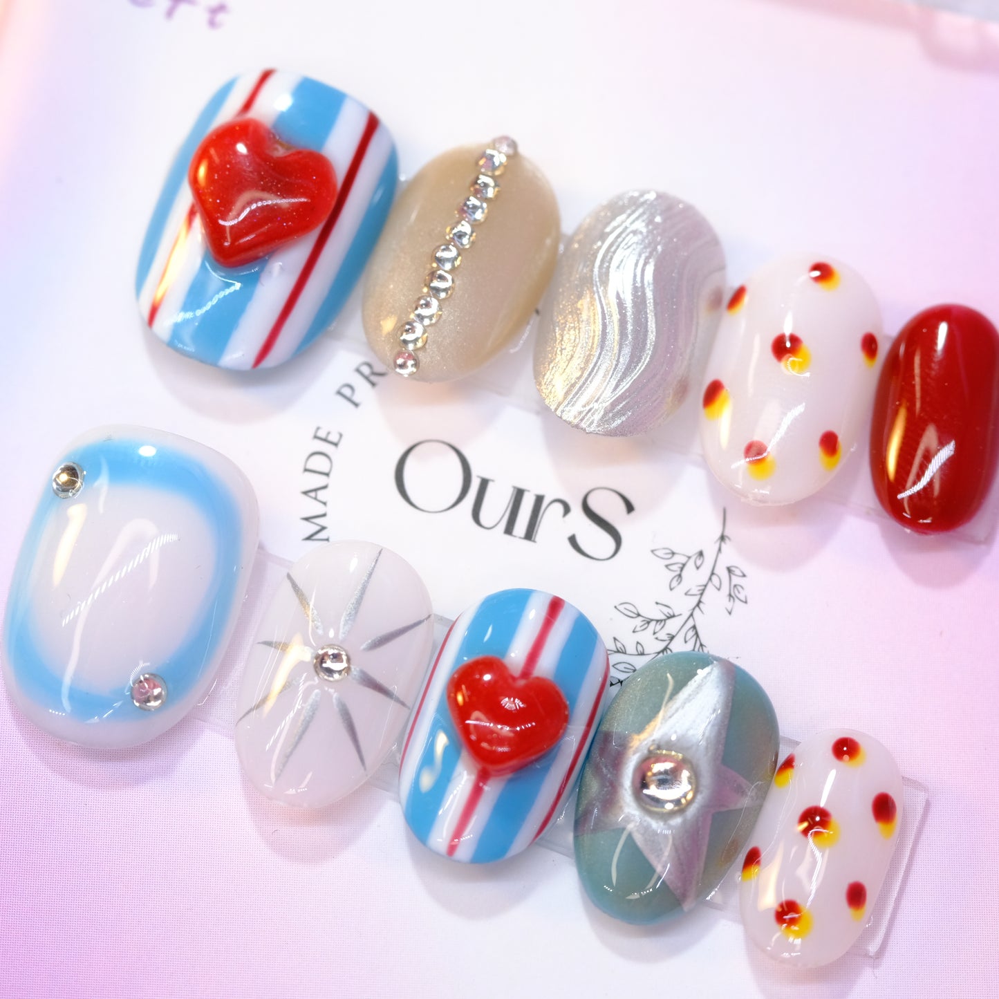 OurS Handmade Gel Nails, Reusable , Short Oval, Cute Thailand Style red hearts , Blue Press On Nails for girls