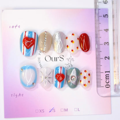 OurS Handmade Gel Nails, Reusable , Short Oval, Cute Thailand Style red hearts , Blue Press On Nails for girls