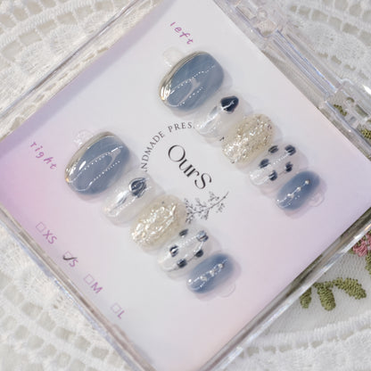 OurS Handmade Gel Nails, Short Oval Shape, Japanese Style, Blue, Gold, Flowers Designs