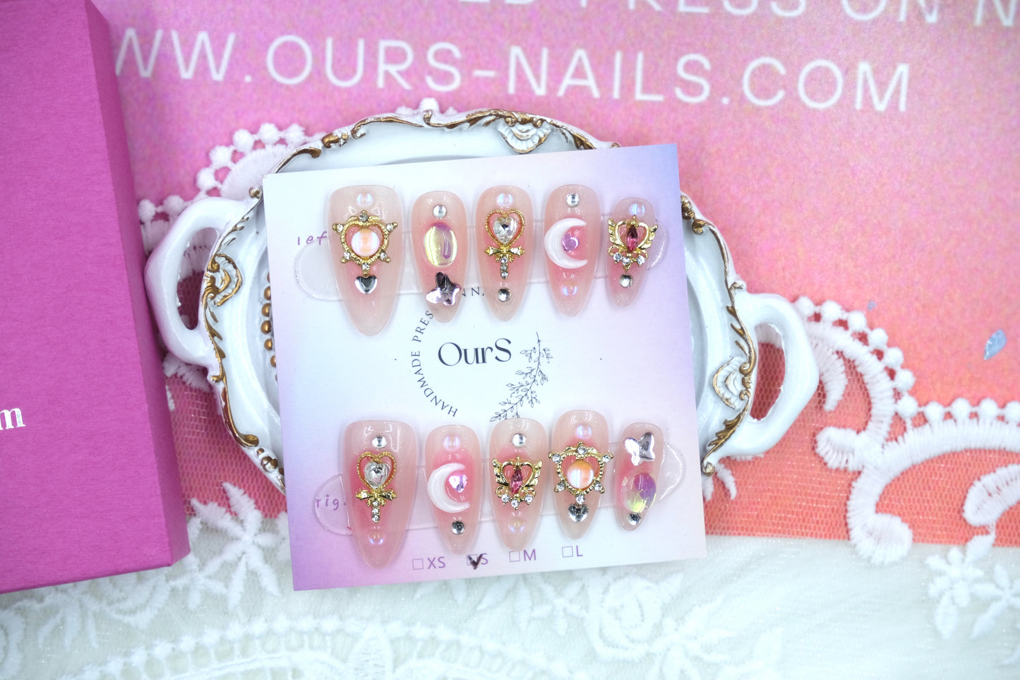 OurS Handmade Gel Nails, Almond Shape, Cute, Sailor Moon, Nail Gems, Coffin Shape