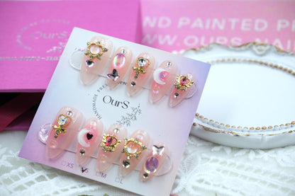 OurS Handmade Gel Nails, Almond Shape, Cute, Sailor Moon, Nail Gems, Coffin Shape