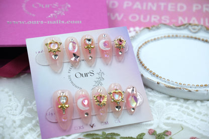 OurS Handmade Gel Nails, Almond Shape, Cute, Sailor Moon, Nail Gems, Coffin Shape