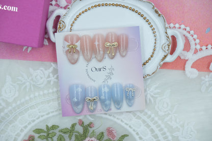 OurS Handmade Gel made Press on nails,Fake Nails Cute blue Pink Acrylic Nails Glossy Glue on Nails White French Tip Artificial Nails 3D Rhinestone Design Stick on False Nails,Almond