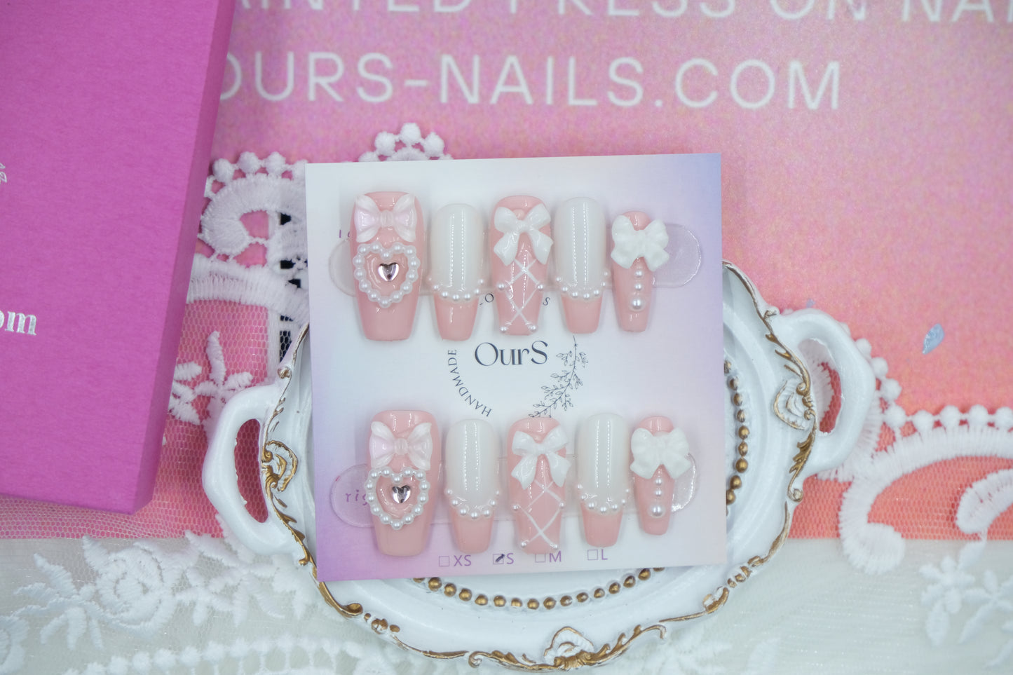 OurS Handmade Gel Nails,Reusable Nails,Pearl,Bow,Nail Charms,Pink