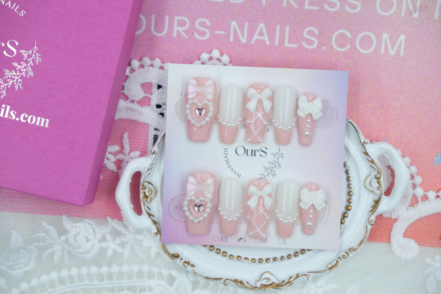 OurS Handmade Gel Nails,Reusable Nails,Pearl,Bow,Nail Charms,Pink