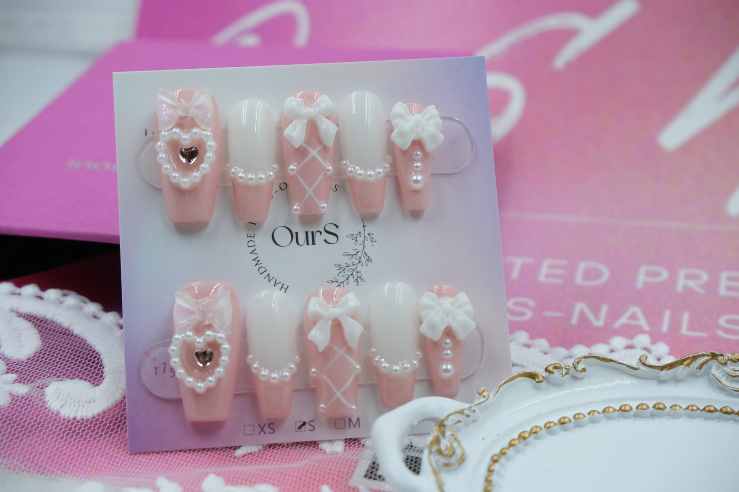 OurS Handmade Gel Nails,Reusable Nails,Pearl,Bow,Nail Charms,Pink