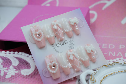 OurS Handmade Gel Nails,Reusable Nails,Pearl,Bow,Nail Charms,Pink