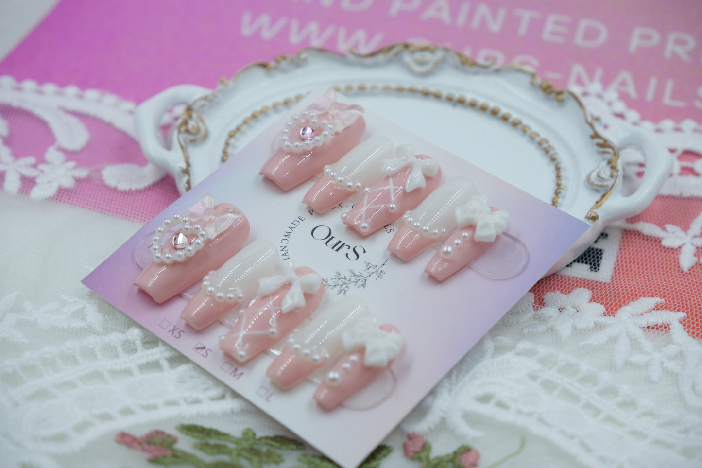 OurS Handmade Gel Nails,Reusable Nails,Pearl,Bow,Nail Charms,Pink