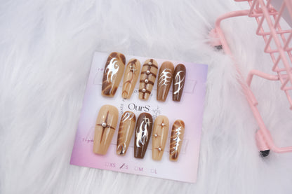 OurS Handmade Gel Nails,Coffee Brown Press on Nails Fall Winter Color Full Cover Round Fake Nails For Girls, Almond False Nails Glue on,Instant Acrylic Nails Press ons,Blank Short Nails Set