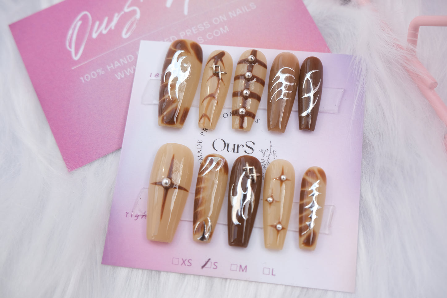 OurS Handmade Gel Nails,Coffee Brown Press on Nails Fall Winter Color Full Cover Round Fake Nails For Girls, Almond False Nails Glue on,Instant Acrylic Nails Press ons,Blank Short Nails Set