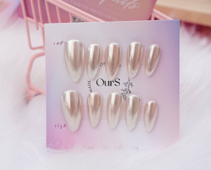 OurS Handmade Gel nails,Chrome Press on Nails Almond Medium Length Pearl White Fake Nails Glossy Full Cover Nails Classic Stick on Nails Acrylic Nails for Women and Girls