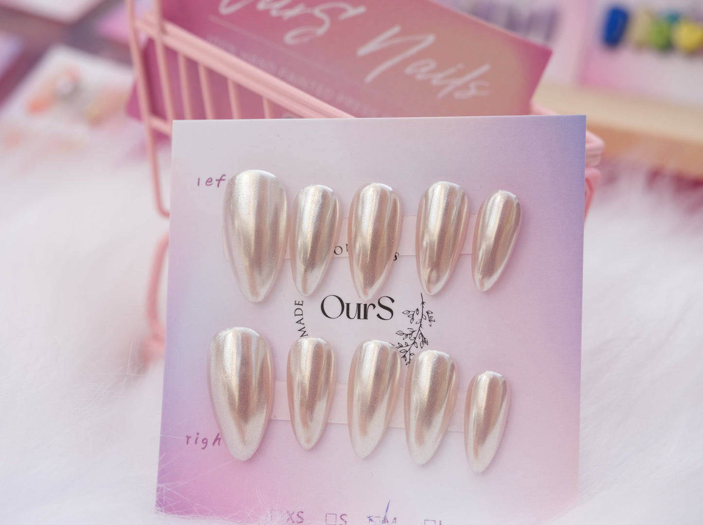 OurS Handmade Gel nails,Chrome Press on Nails Almond Medium Length Pearl White Fake Nails Glossy Full Cover Nails Classic Stick on Nails Acrylic Nails for Women and Girls