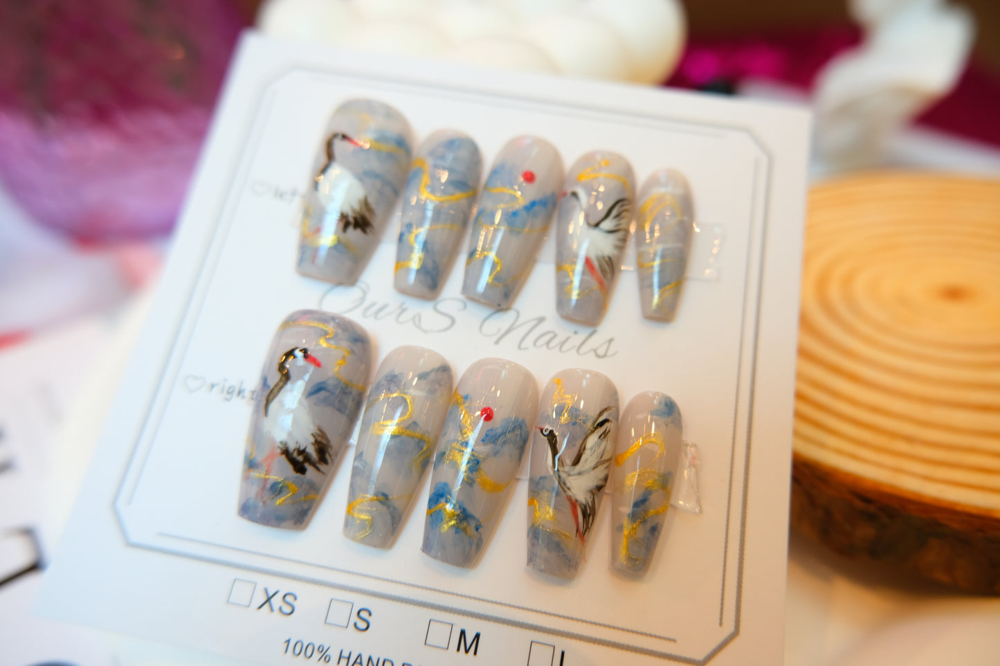 OurS Handmade Press-On Reusable Nails, Crane, Nail Arts