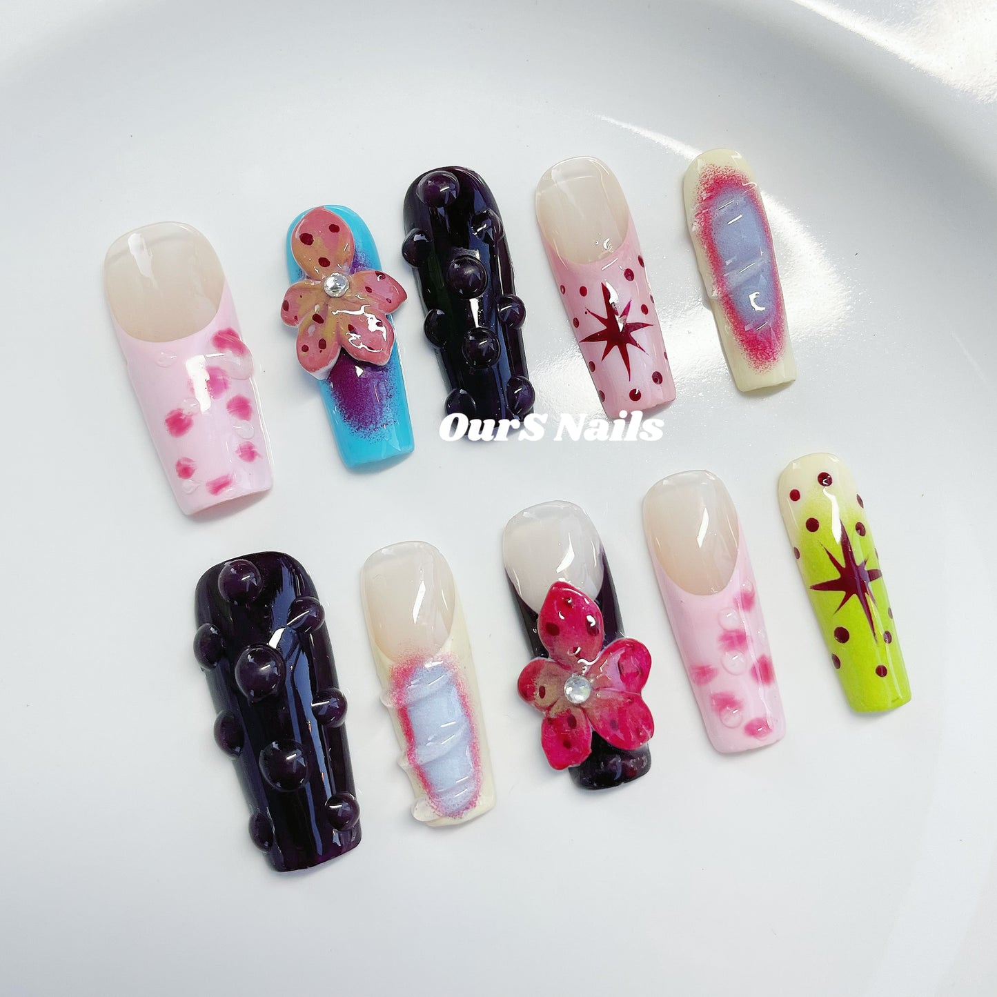 OurS handmade Gel Nails,3D flower design, French tip, Square shape