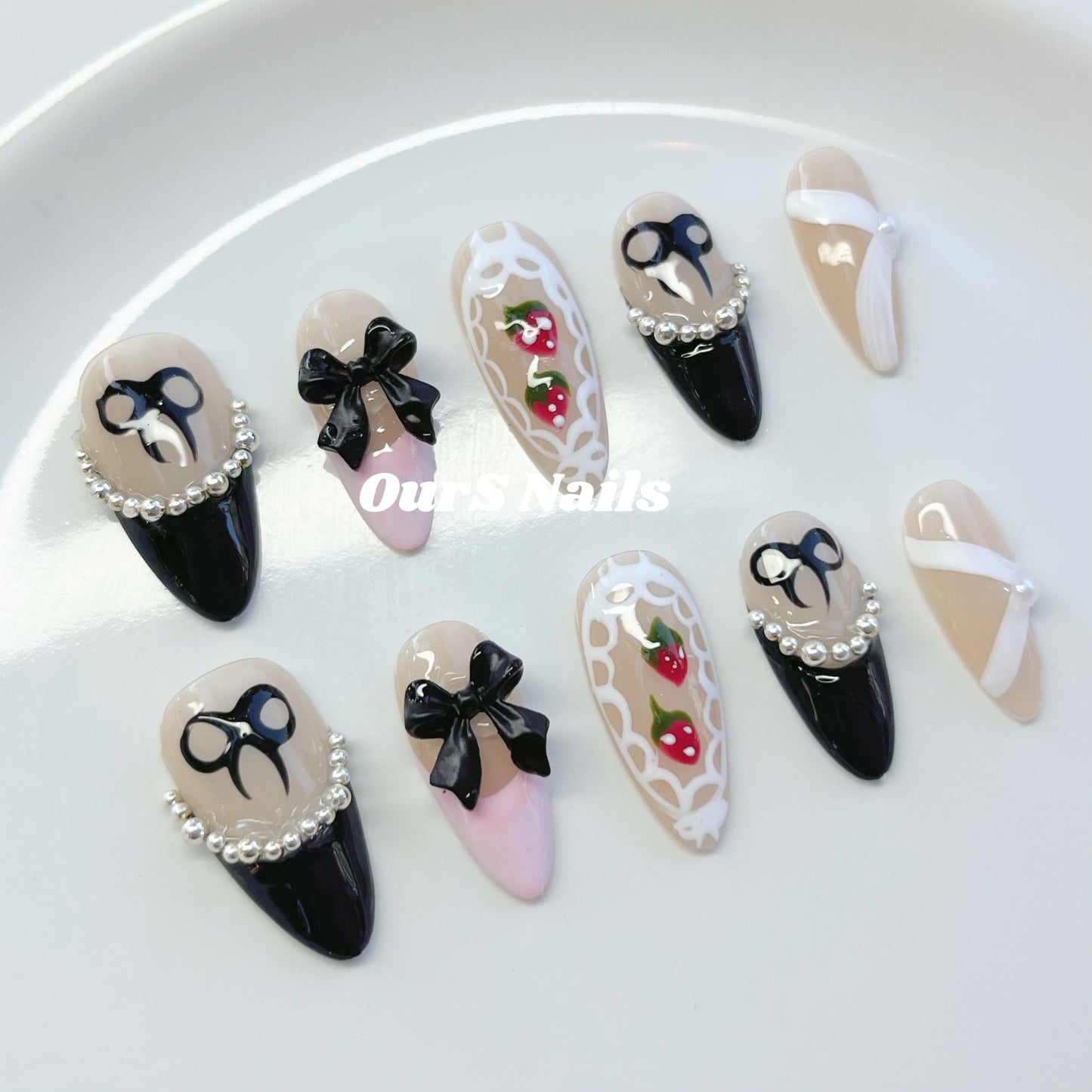 OurS Handmade Gel Nails,Reusable,Bow Nails, Pink, Black, Almond,Glue on Nails