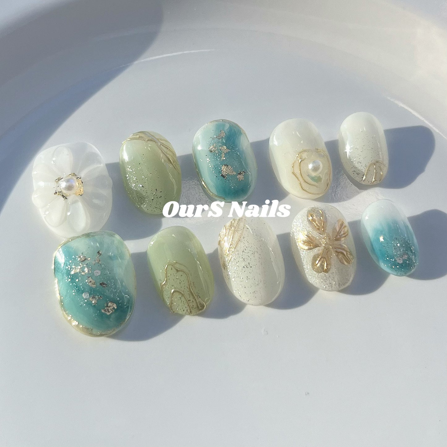 OurS Handmade Gel Nails, Short round, Green , Press on Nails