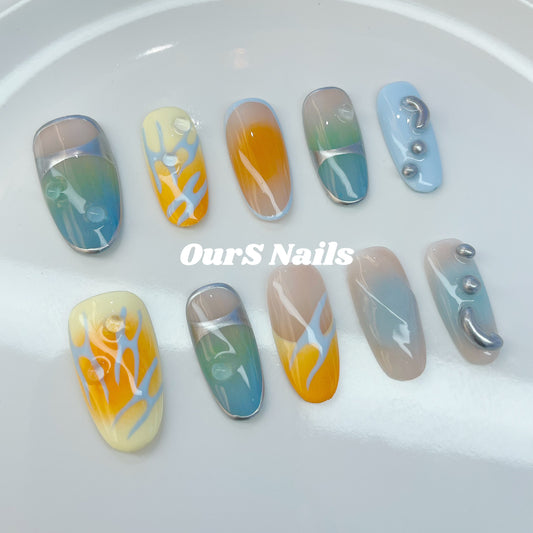 Sunset Mood, OurS Handmade Gel Nails, medium long oval, Glue on nails