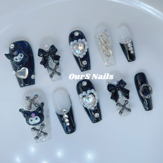 Black Kuromi, Sanrio , Charm Nails, Reusable Glue on Nails