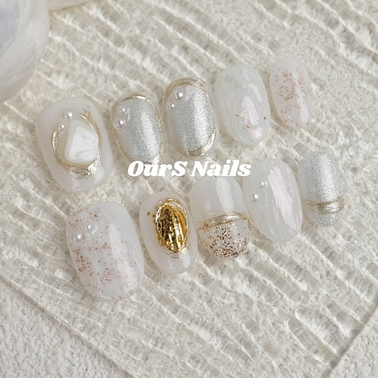 White, Gold , Wedding , OurS handmade Gel Nails, Reusable, Glue on nails