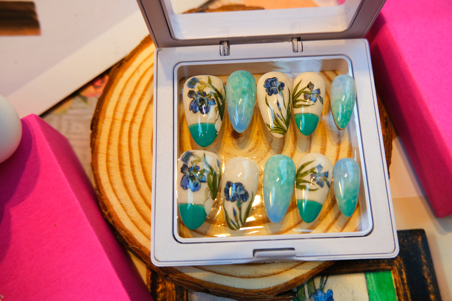 OurS Handmade Reusable Press-on Nails, Advanced Custom Nails,Van Gogh，Vase With Lrises,Almond Shape