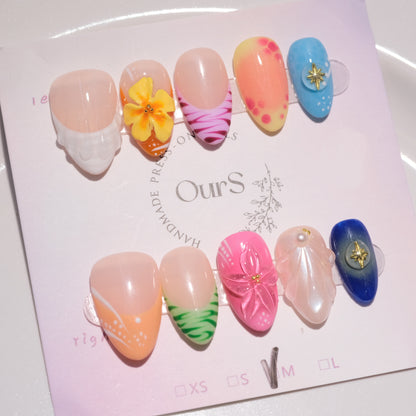 OurS Handmade Gel Nails, Short Almond, 3D flower Nails