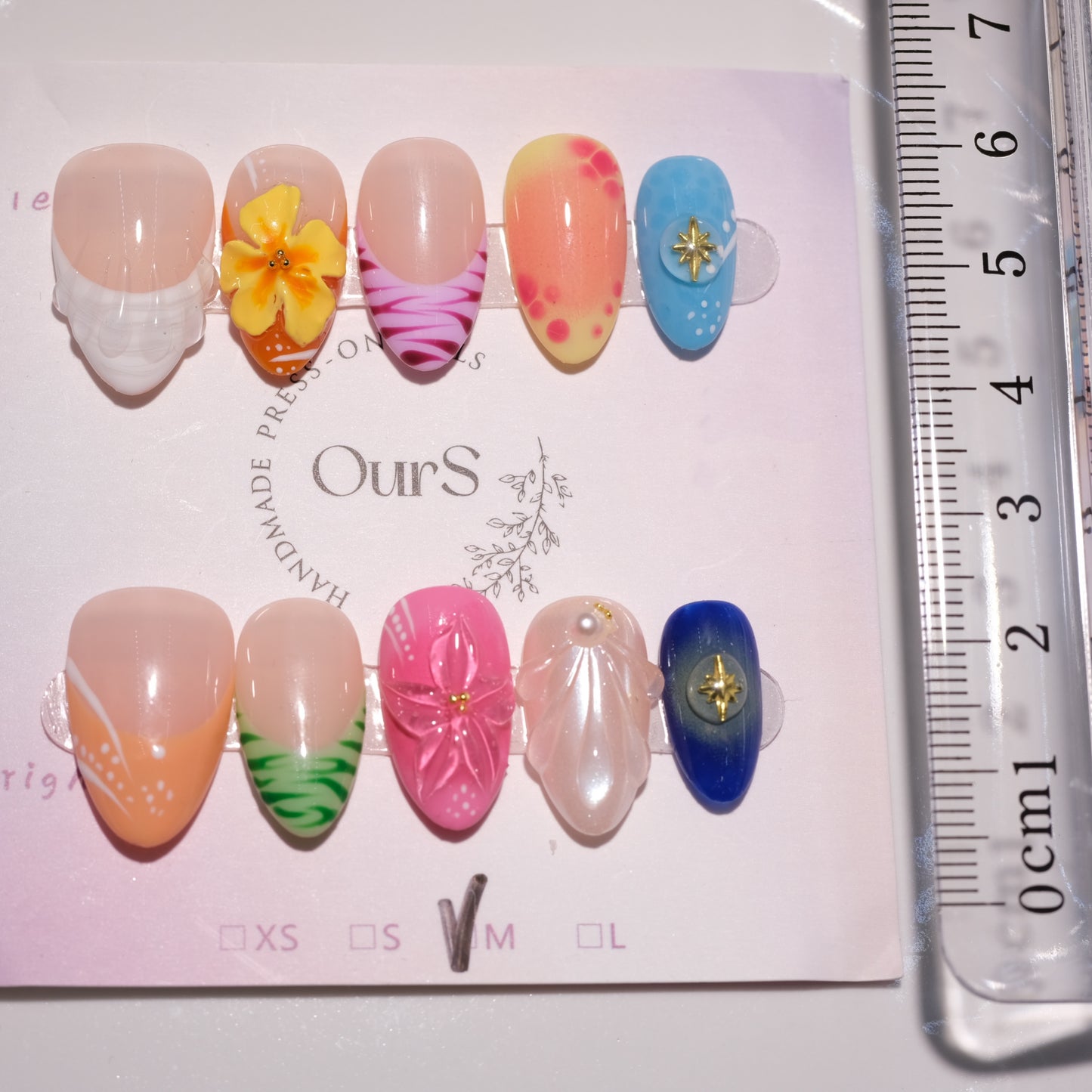 OurS Handmade Gel Nails, Short Almond, 3D flower Nails