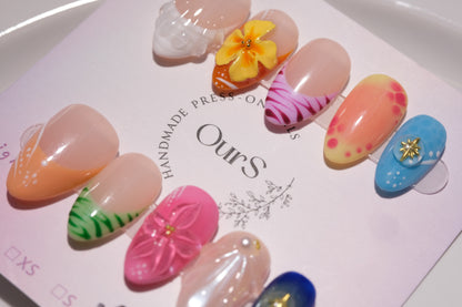 OurS Handmade Gel Nails, Short Almond, 3D flower Nails