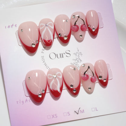 OurS Handmade Gel nails, short Almond, 3D cherry Reusable nails