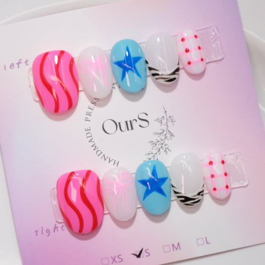 OurS Handmade Gel Nails, Short Round , Pink, Blue,Cute Press on Nails for girls