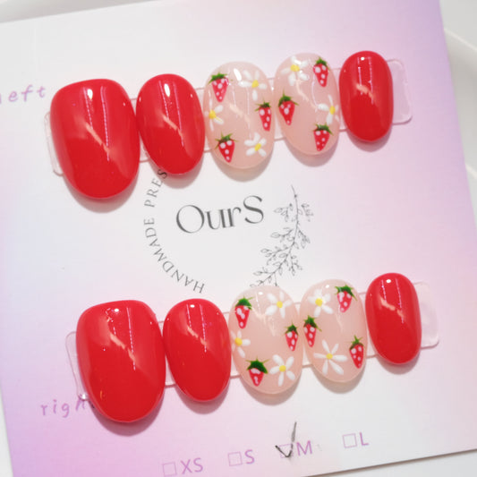 OurS Handmade Gel Nails, Short Round, Red Strawberry 🍓 Nails, Press On Nails