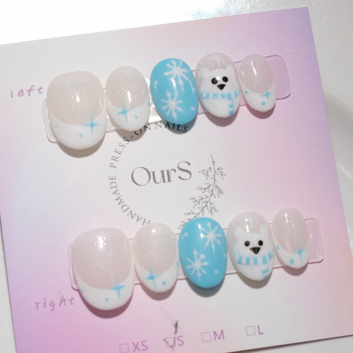 OurS Handmade Gel Nails, Short Round, Blue Snow Bear Press On Nails