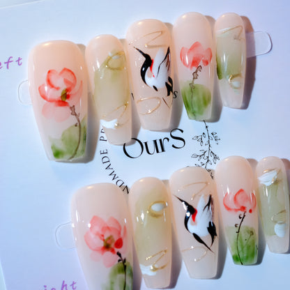 OurS Handmade Gel Nails, Cranes and lotus , Coffin Nails,Press on nails gifts for girls