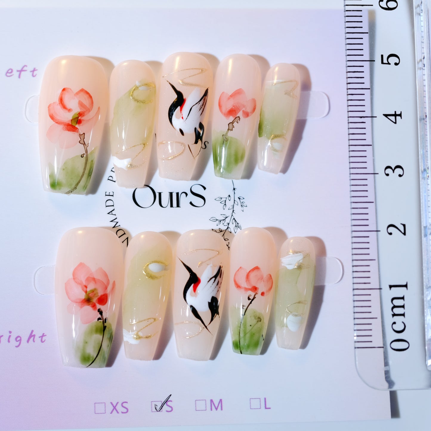 OurS Handmade Gel Nails, Cranes and lotus , Coffin Nails,Press on nails gifts for girls