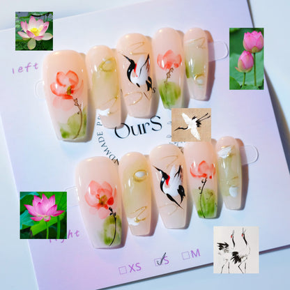 OurS Handmade Gel Nails, Cranes and lotus , Coffin Nails,Press on nails gifts for girls