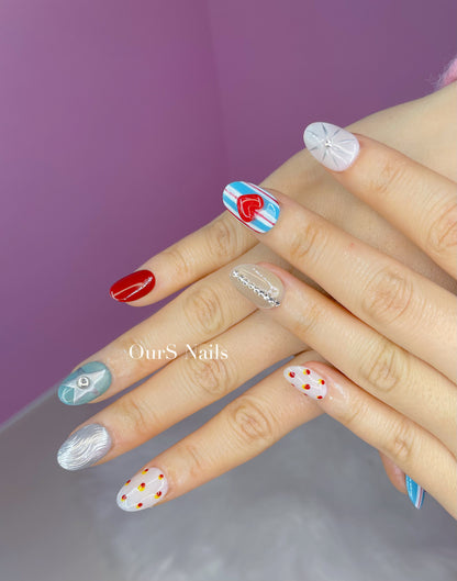 OurS Handmade Gel Nails, Reusable , Short Oval, Cute Thailand Style red hearts , Blue Press On Nails for girls