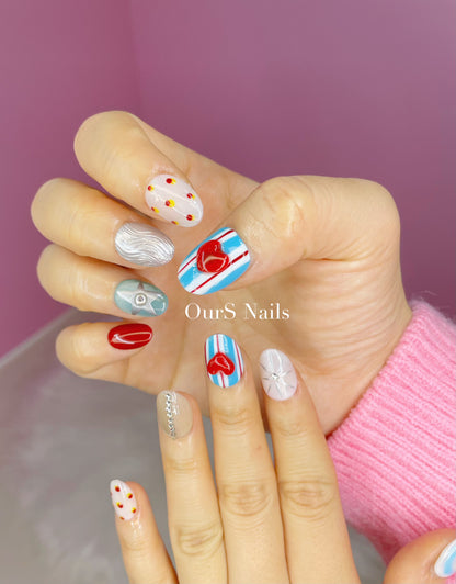 OurS Handmade Gel Nails, Reusable , Short Oval, Cute Thailand Style red hearts , Blue Press On Nails for girls