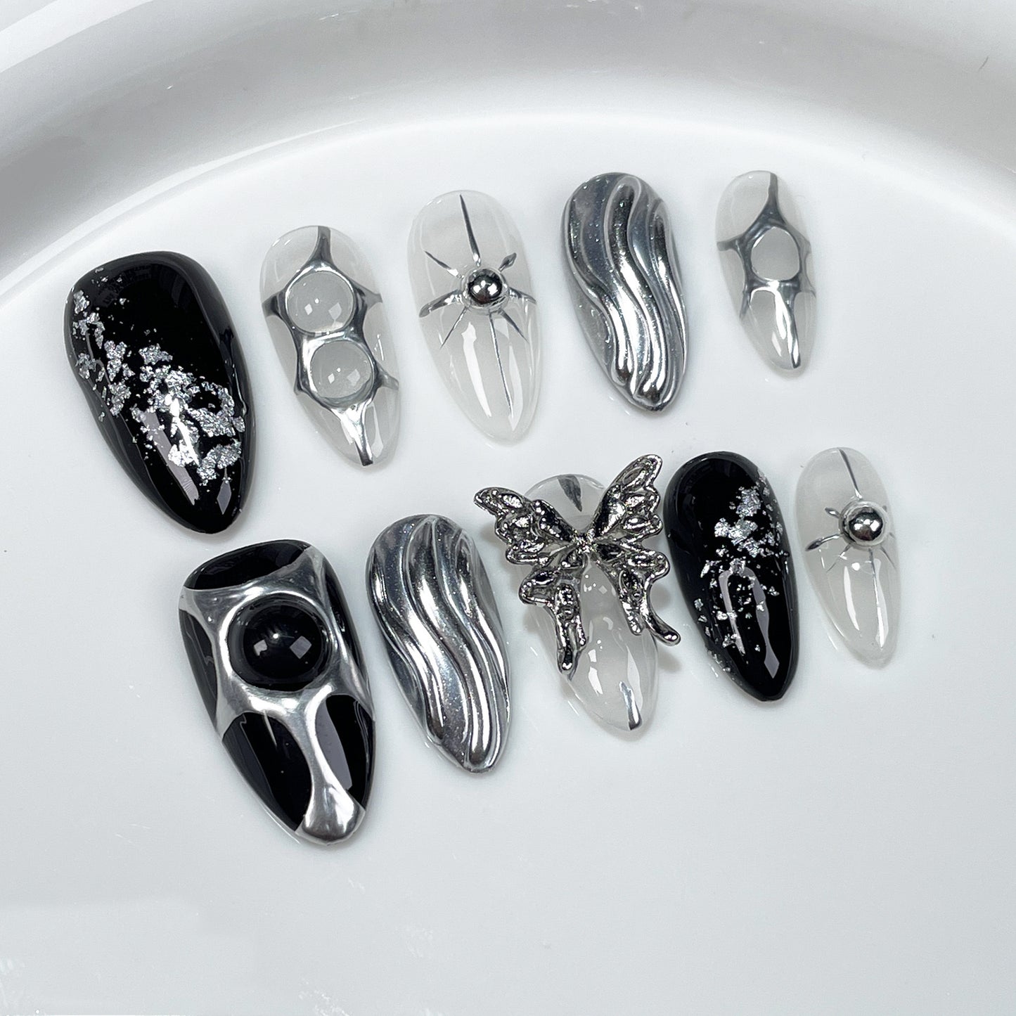 OurS handmade Gel Nails, Black, White Charm Nails, Almond shape, Reusable Nails