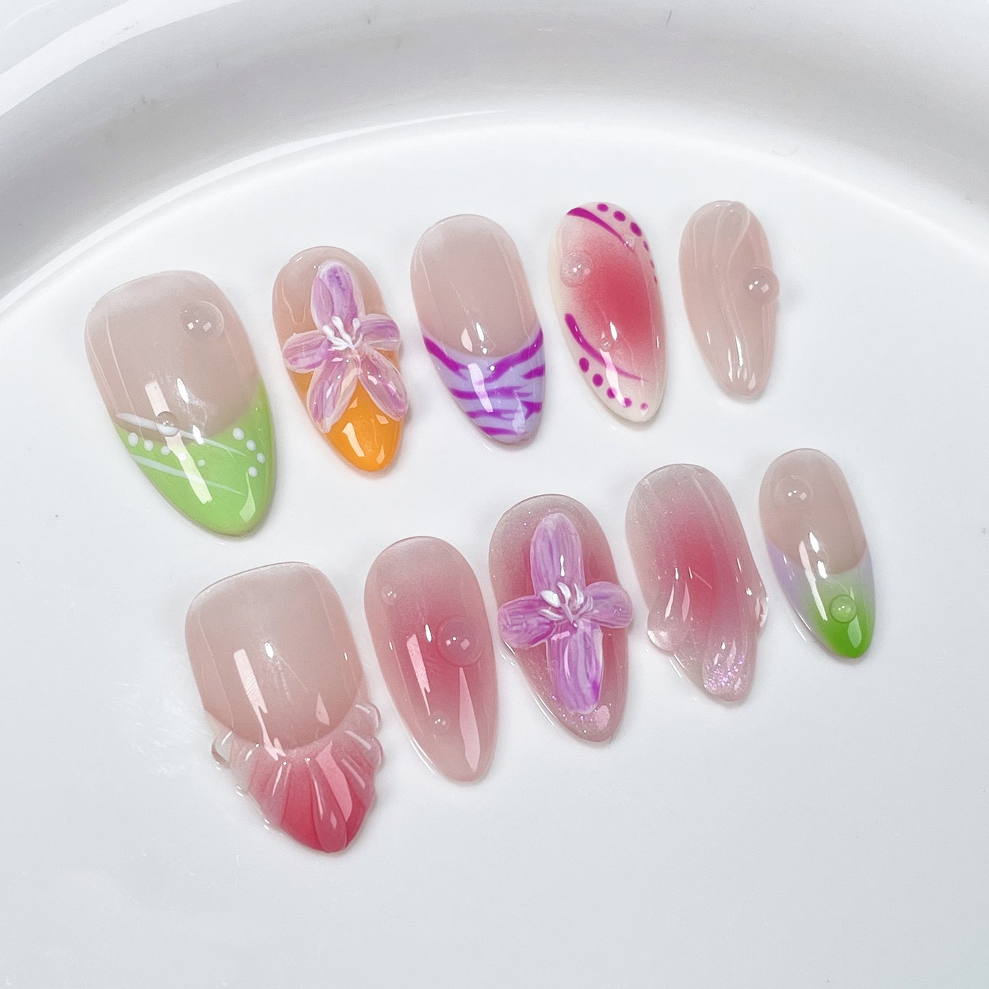 OurS Handmade Gel Nails, Almond, 3D Flower Design , Glue on Reusable Nails