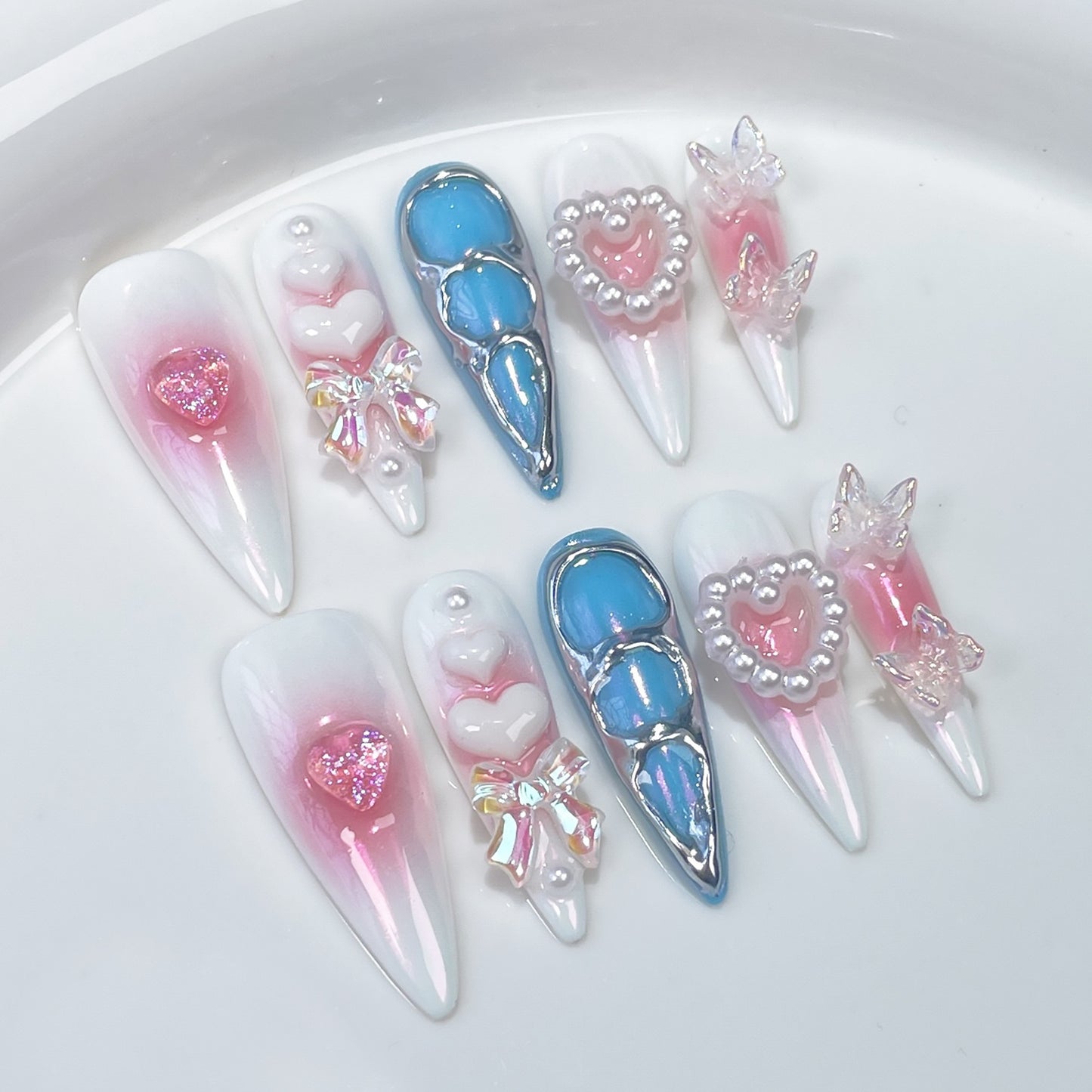 OurS Handmade Gel nails, long pink blue heart ,Charms Nails