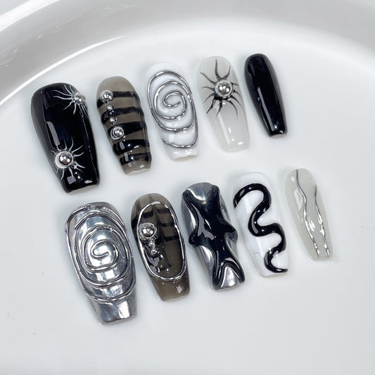 OurS Handmade Gel Nails, Long coffin , black white Reusable Nails