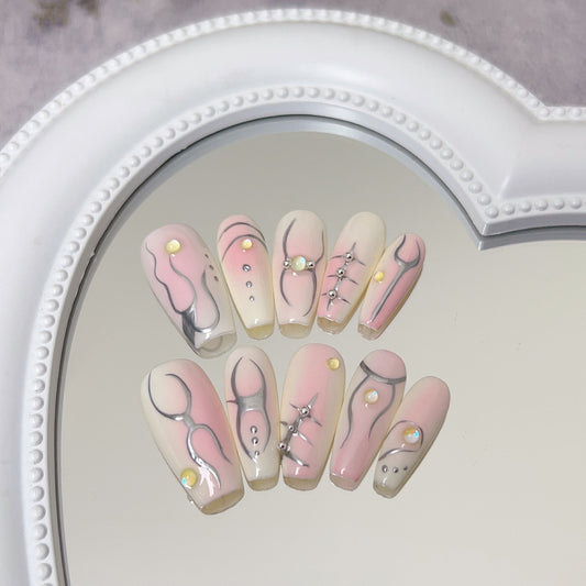 OurS Nails Coffin Shape Pink Nails,Line Art, Handmade nails