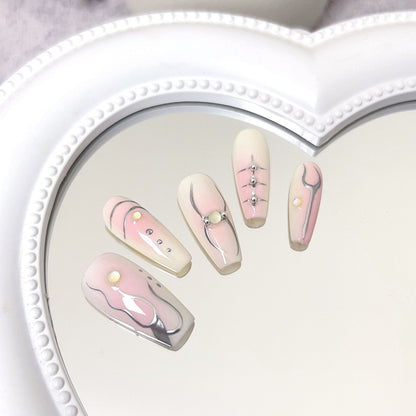 OurS Nails Coffin Shape Pink Nails,Line Art, Handmade nails