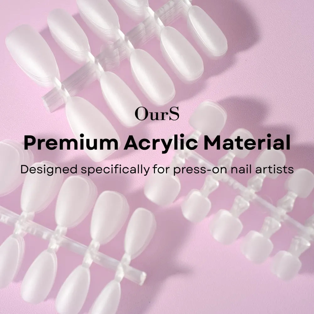 OURS premium acrylic nail tips on a soft pink background